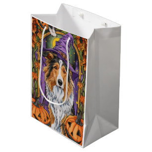 Spooky Rough Collie Dog Halloween Witch Pumpkin  Medium Gift Bag