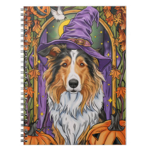 Spooky Rough Collie Dog Halloween Witch Pumpkin Notebook