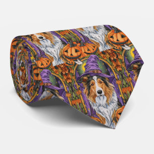 Spooky Rough Collie Dog Halloween Witch Pumpkin Tie