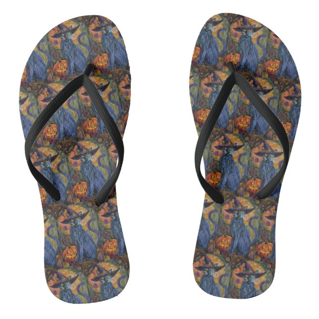 Spooky Russian Blue Cat Halloween Witch Pumpkin Flip Flops (Footbed)
