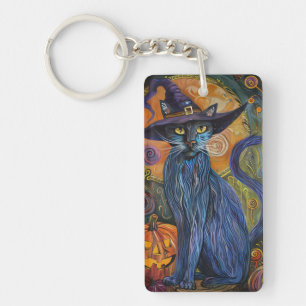 Spooky Russian Blue Cat Halloween Witch Pumpkin Key Ring