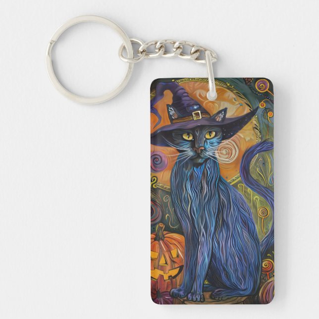 Spooky Russian Blue Cat Halloween Witch Pumpkin Key Ring (Front)