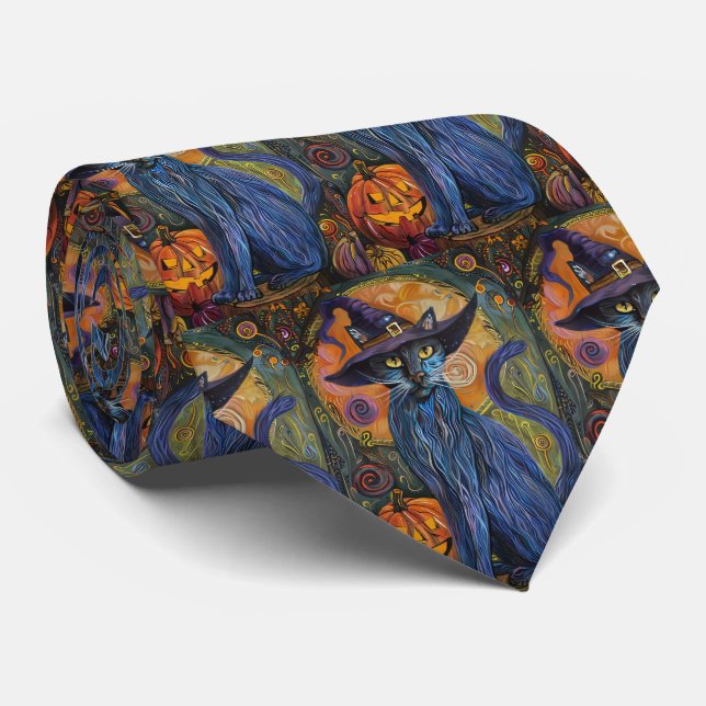 Spooky Russian Blue Cat Halloween Witch Pumpkin Tie (Rolled)