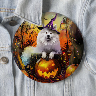 Spooky Samoyed Dog Halloween Witch And Pumpkin 6 Cm Round Badge