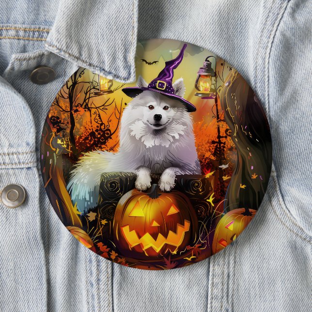 Spooky Samoyed Dog Halloween Witch And Pumpkin 6 Cm Round Badge (In Situ)