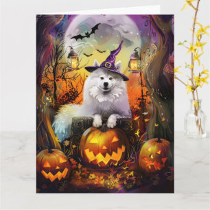 Spooky Samoyed Dog Halloween Witch And Pumpkin Card
