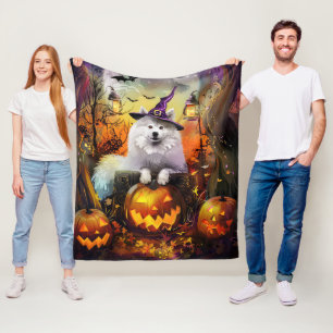 Spooky Samoyed Dog Halloween Witch And Pumpkin Fleece Blanket