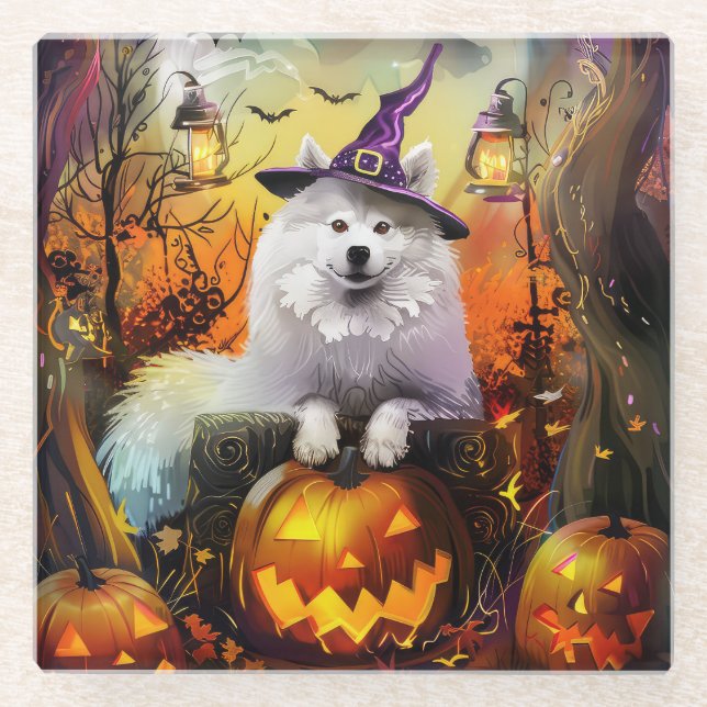 Spooky Samoyed Dog Halloween Witch And Pumpkin Glass Coaster (Front)