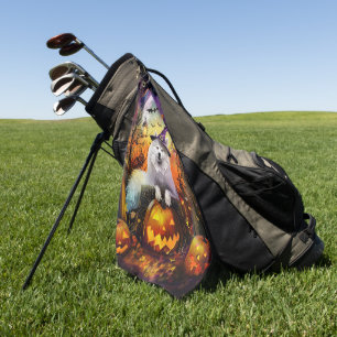 Spooky Samoyed Dog Halloween Witch And Pumpkin Golf Towel