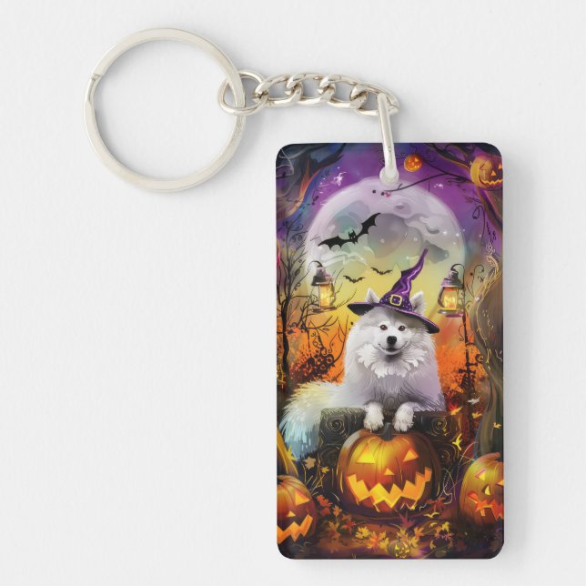Spooky Samoyed Dog Halloween Witch And Pumpkin Key Ring (Front)