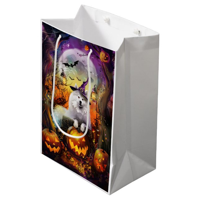 Spooky Samoyed Dog Halloween Witch And Pumpkin Medium Gift Bag (Front Angled)