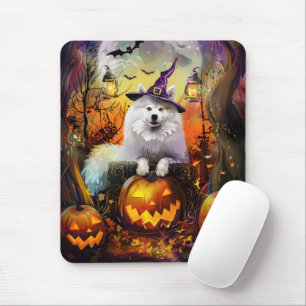 Spooky Samoyed Dog Halloween Witch And Pumpkin Mouse Mat