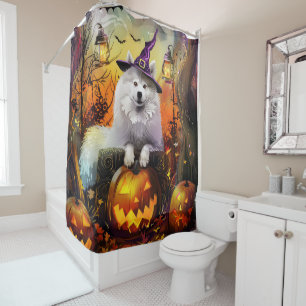 Spooky Samoyed Dog Halloween Witch And Pumpkin Shower Curtain