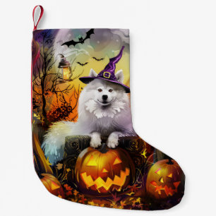 Spooky Samoyed Dog Halloween Witch And Pumpkin Small Christmas Stocking