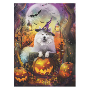 Spooky Samoyed Dog Halloween Witch And Pumpkin Tablecloth