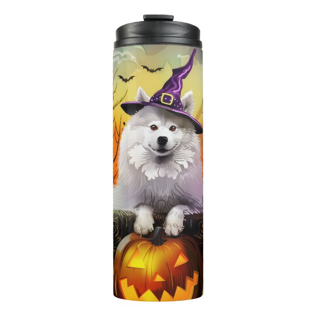 Spooky Samoyed Dog Halloween Witch And Pumpkin Thermal Tumbler (Front)