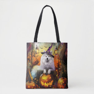 Spooky Samoyed Dog Halloween Witch And Pumpkin Tote Bag
