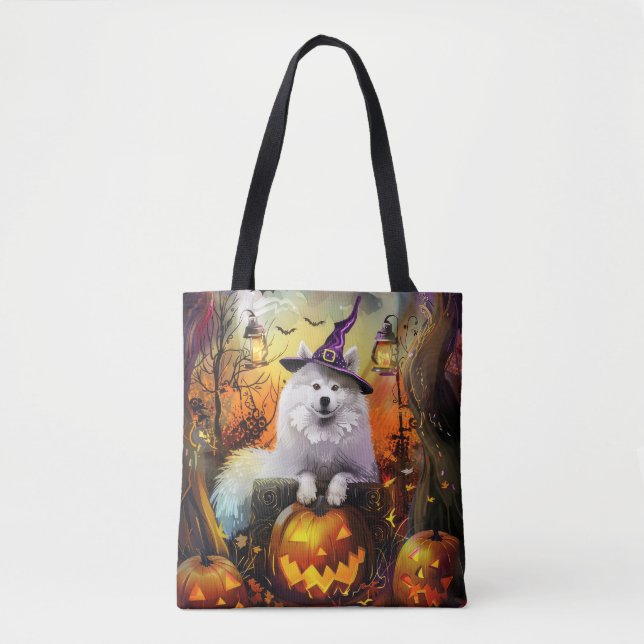 Spooky Samoyed Dog Halloween Witch And Pumpkin Tote Bag (Front)