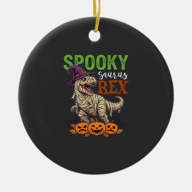 Spooky Saurus Rex Mummy Dinosaur Witch Hat Pumpkin Ceramic Tree Decoration (Front)