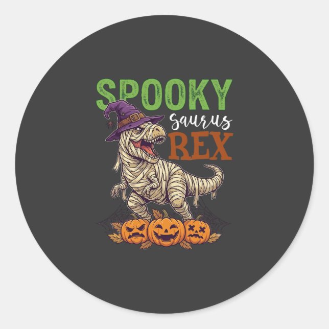 Spooky Saurus Rex Mummy Dinosaur Witch Hat Pumpkin Classic Round Sticker (Front)