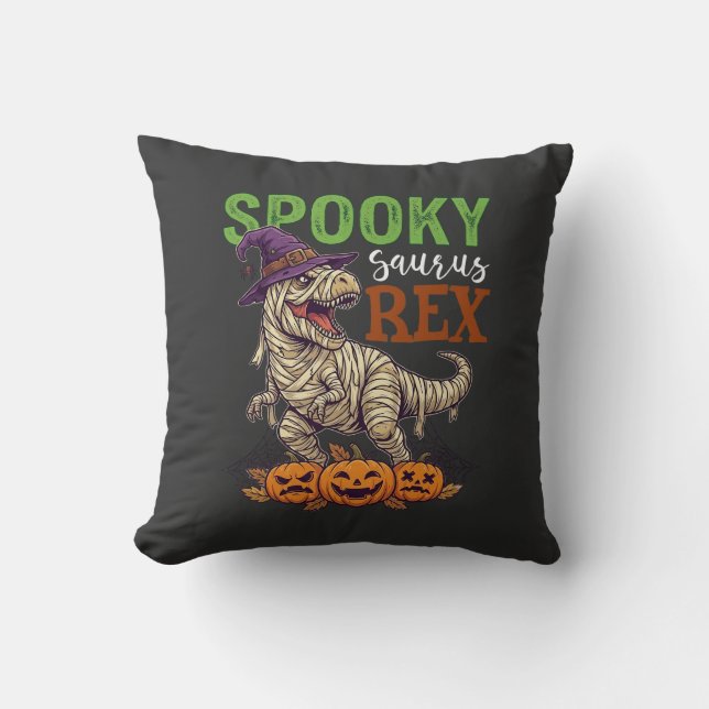 Spooky Saurus Rex Mummy Dinosaur Witch Hat Pumpkin Cushion (Front)