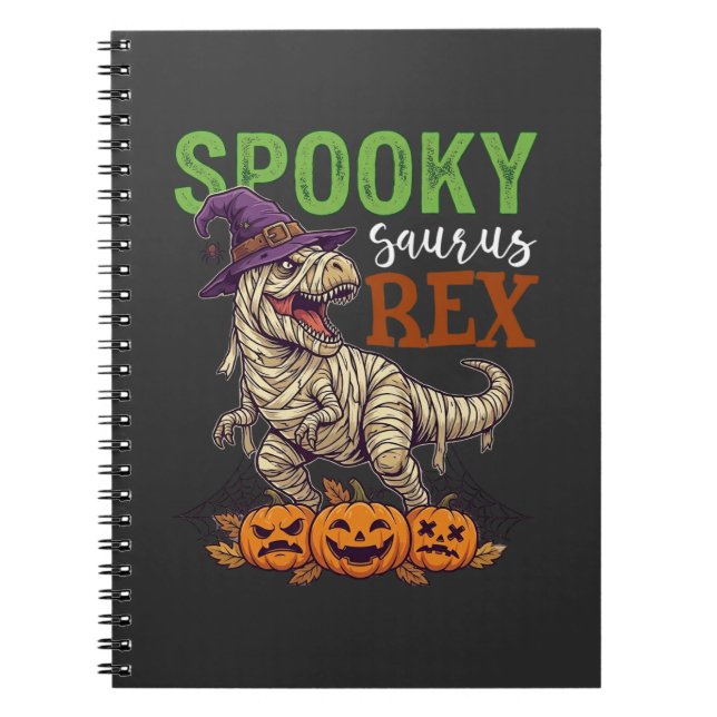 Spooky Saurus Rex Mummy Dinosaur Witch Hat Pumpkin Notebook (Front)