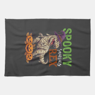 Spooky Saurus Rex Mummy Dinosaur Witch Hat Pumpkin Tea Towel