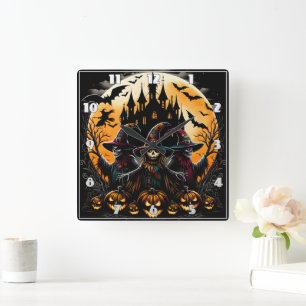 Spooky scarecrow in pumpkin patch square wall clock