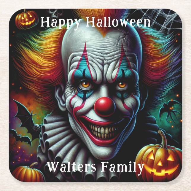 Spooky Scary Clown Halloween Party Personalised Square Paper Coaster (Front)