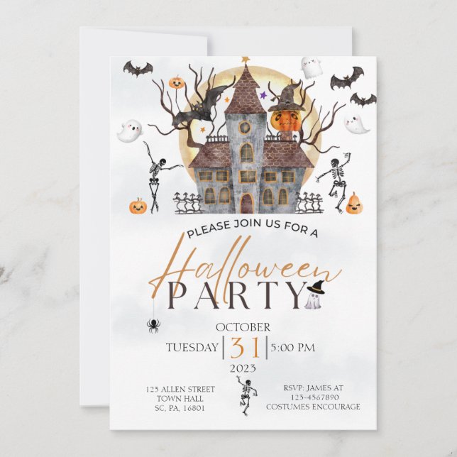 SPOOKY SCARY HAUNTED HOUSE COSTUME HALLOWEEN PARTY INVITATION (Front)