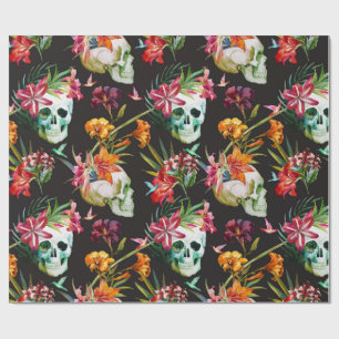 Spooky scary skulls with flowers Halloween Wrapping Paper