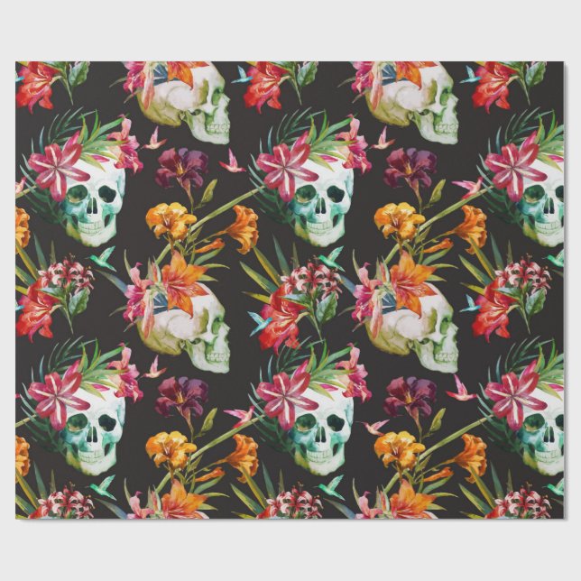 Spooky scary skulls with flowers Halloween Wrapping Paper (Flat)