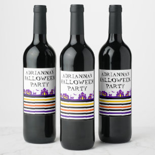 Spooky Scene & Halloween Stripes Custom Party Wine Label