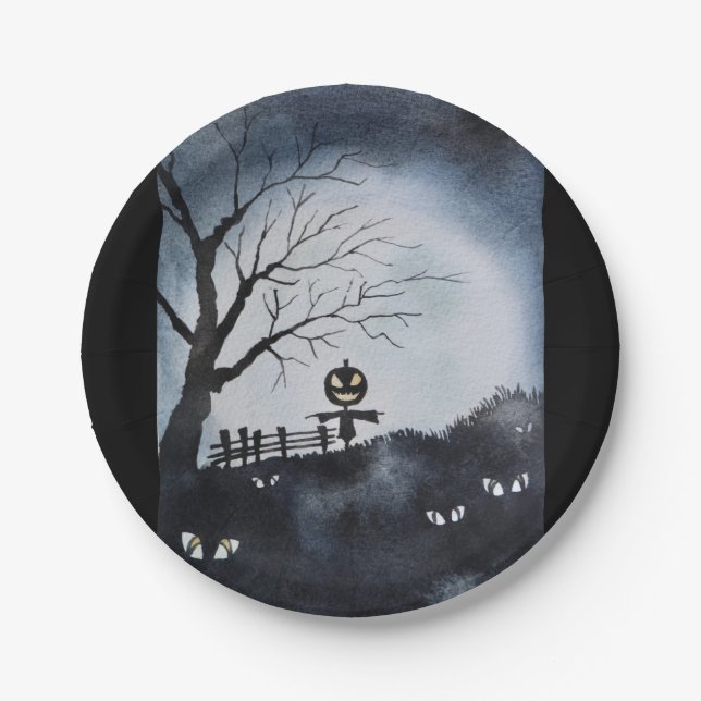 Spooky scene with scary pumpkin head scarecrow paper plate (Front)