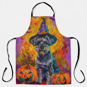 Spooky Schnauzer Dog Halloween Witch And Pumpkin Apron