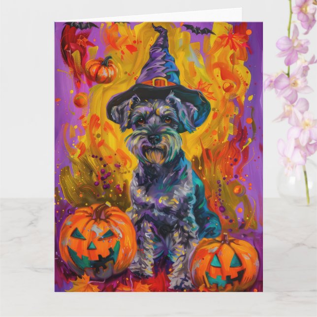 Spooky Schnauzer Dog Halloween Witch And Pumpkin Card (Orchid)