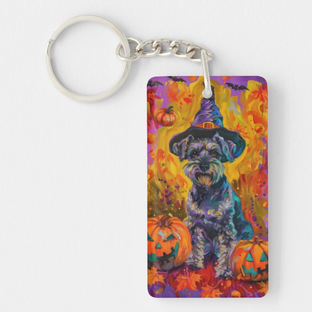 Spooky Schnauzer Dog Halloween Witch And Pumpkin Key Ring (Front)