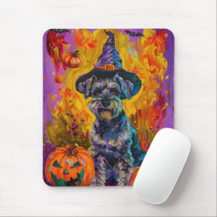 Spooky Schnauzer Dog Halloween Witch And Pumpkin Mouse Mat