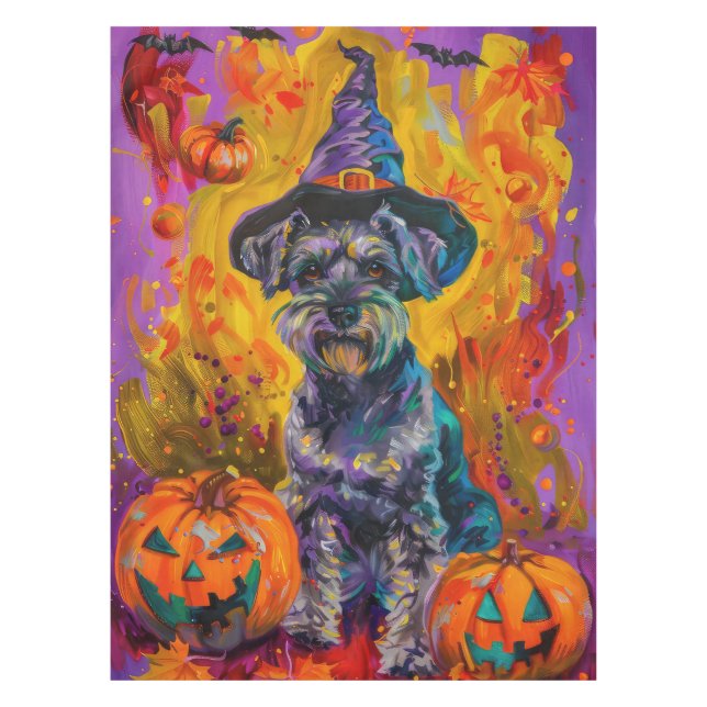 Spooky Schnauzer Dog Halloween Witch And Pumpkin Tablecloth (Front)