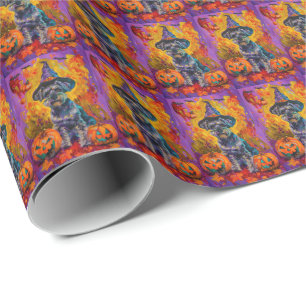 Spooky Schnauzer Dog Halloween Witch And Pumpkin Wrapping Paper