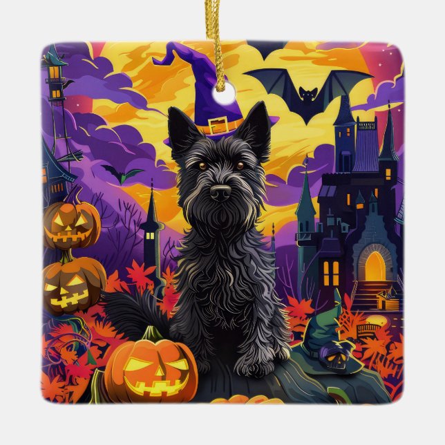 Spooky Scottish Terrier Halloween Witch Pumpkin Ceramic Ornament (Front)