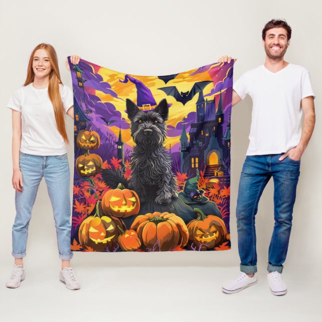 Spooky Scottish Terrier Halloween Witch Pumpkin Fleece Blanket (In Situ)