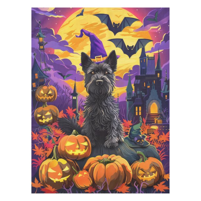 Spooky Scottish Terrier Halloween Witch Pumpkin Tablecloth (Front)