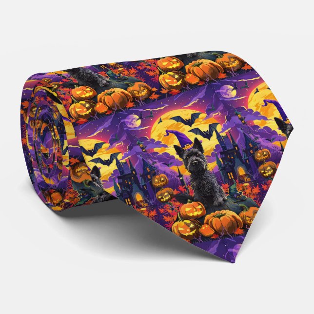 Spooky Scottish Terrier Halloween Witch Pumpkin Tie (Rolled)