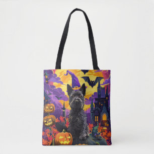 Spooky Scottish Terrier Halloween Witch Pumpkin Tote Bag