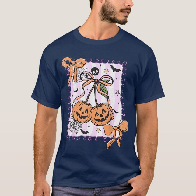 Spooky Season Coquette Bow Pumpkin Cherries Hallow T-Shirt (Front)