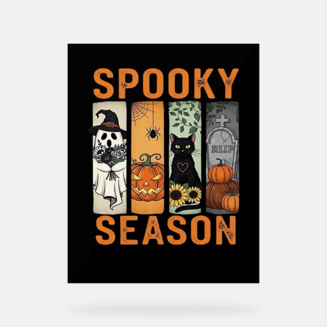 Spooky Season – Cute Ghost, Black Cat, Pumpkin & H Acrylic Sign (Front)