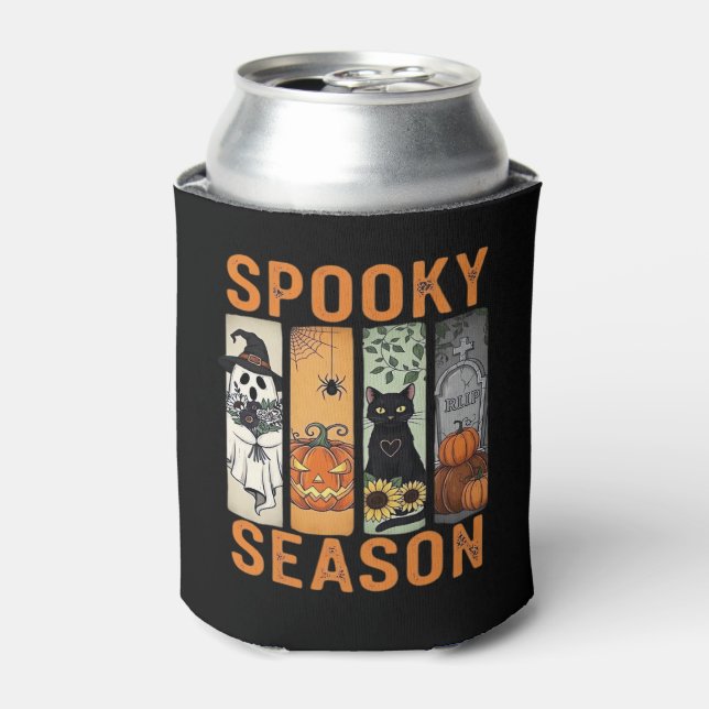 Spooky Season � Cute Ghost, Black Cat, Pumpkin & H Can Cooler (Can Front)