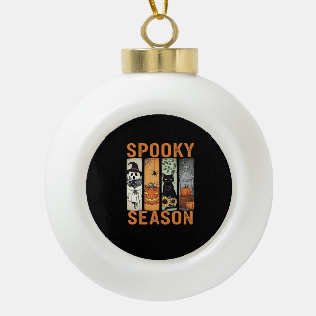 Spooky Season – Cute Ghost, Black Cat, Pumpkin & H Ceramic Ball Christmas Ornament (Front)