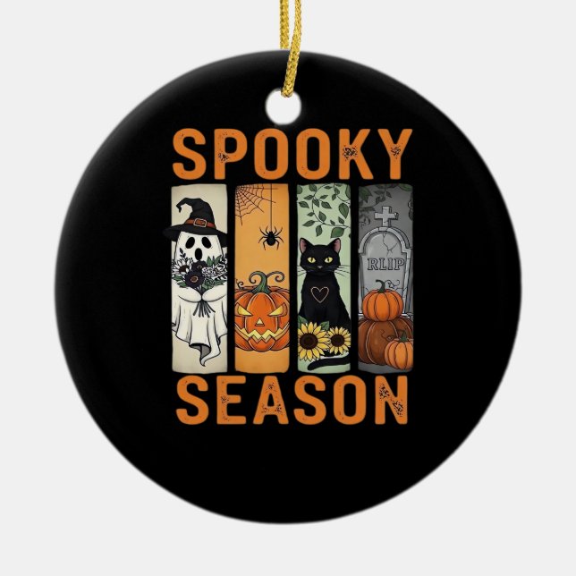 Spooky Season � Cute Ghost, Black Cat, Pumpkin & H Ceramic Tree Decoration (Front)